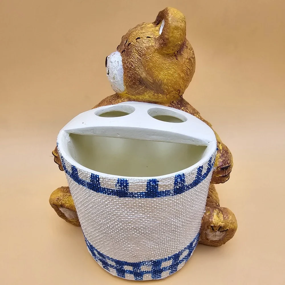 Adorable Cuddle Bear Toothbrush Holder Blue White Check Teddy Bathroom Organizer